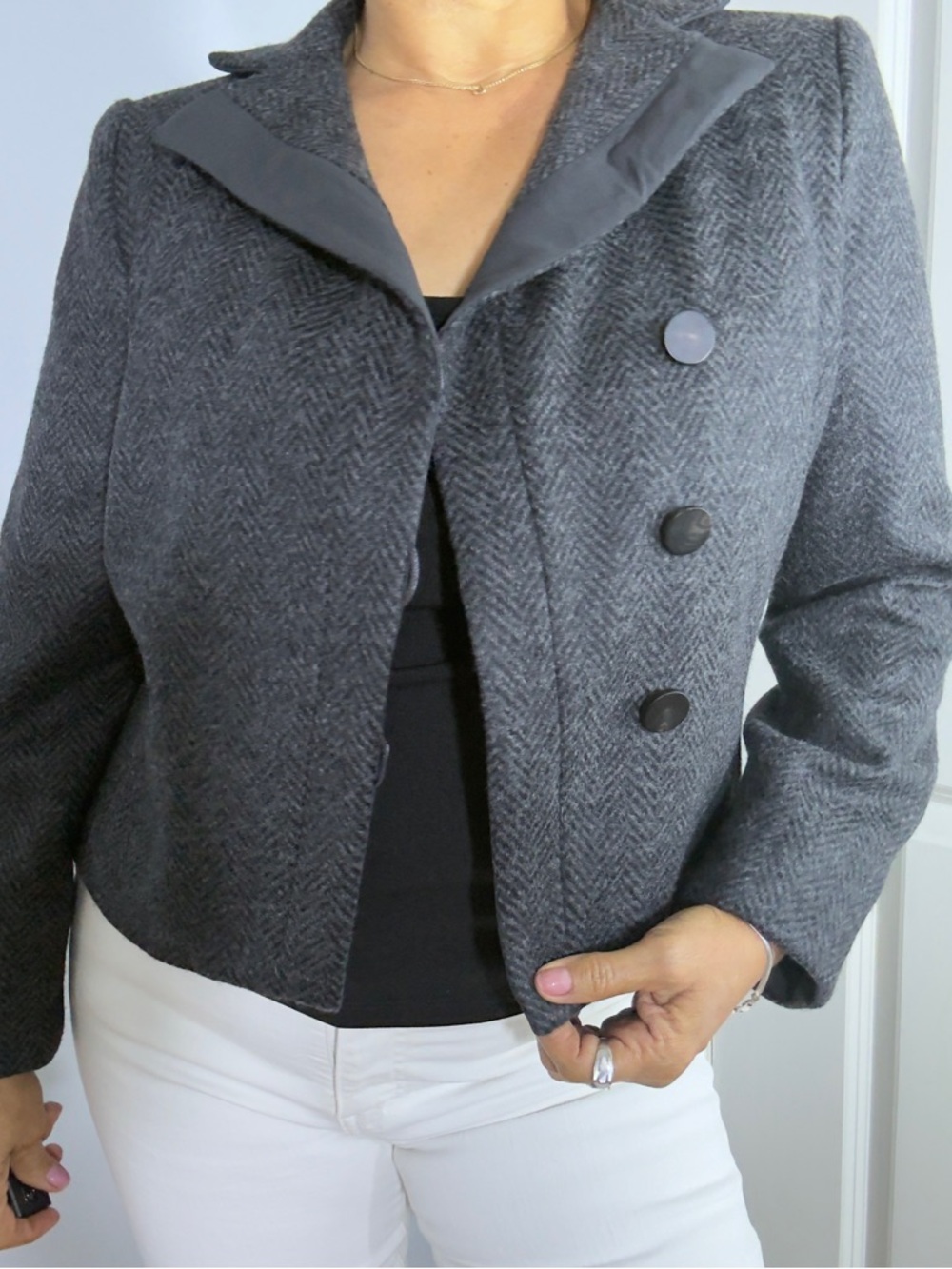 Armani Collezioni Charcoal Herringbone Wool-Blend RESIZE Cropped Blazer